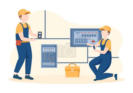 Illustration for Lighting and Electricity Energy Maintenance Service Panel Cabinet of Technician Electrical Work on Flat Cartoon Hand Drawn Templates Illustration - Royalty Free Image