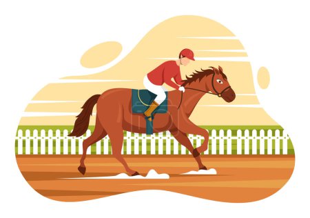 Compétition de courses hippiques dans un hippodrome avec performance équestre Sport et cavalier ou Jockeys sur des modèles dessinés à la main à dessin animé plat Illustration