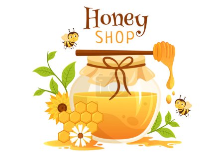 Boutique de miel avec un pot de produit utile naturel, abeille ou nid d'abeille à consommer sur des modèles dessinés à la main dessin animé plat Illustration