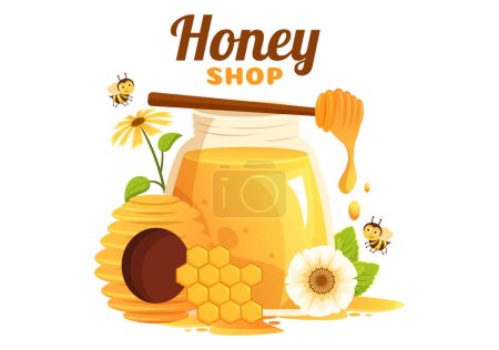 Ilustración de Tienda de miel con un tarro de producto útil natural, abeja o panales para consumir en dibujos animados planos Plantillas dibujadas a mano Ilustración - Imagen libre de derechos
