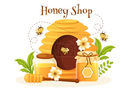 Illustration for Honey Shop with a Natural Useful Product Jar, Bee or Honeycombs to be Consumed on Flat Cartoon Hand Drawn Templates Illustration - Royalty Free Image