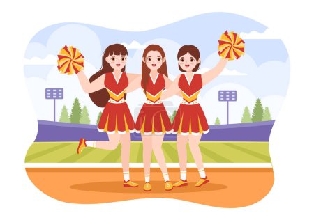 Illustration for Cheerleader Girl with Pompoms of Dancing and Jumping to Support Team Sport During Competition on Flat Cartoon Hand Drawn Templates Illustration - Royalty Free Image