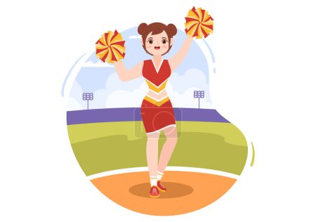 Illustration for Cheerleader Girl with Pompoms of Dancing and Jumping to Support Team Sport During Competition on Flat Cartoon Hand Drawn Templates Illustration - Royalty Free Image
