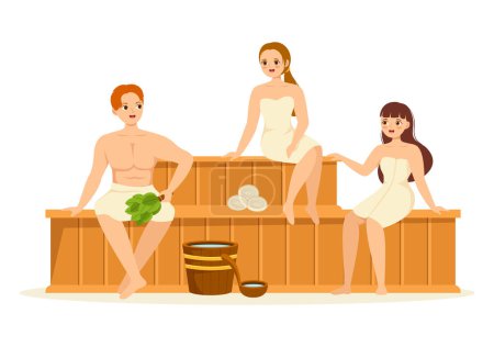 Téléchargez les illustrations : Sauna et hammam avec les gens se détendre, laver leur corps, vapeur ou profiter du temps dans des modèles dessinés à la main dessin animé plat Illustration - en licence libre de droit