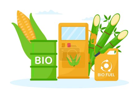 Téléchargez les illustrations : Cycle de vie des biocarburants des matières naturelles et des plantes avec barils verts ou production de biogaz Énergie dans les modèles dessinés à la main à dessin animé plat Illustration - en licence libre de droit
