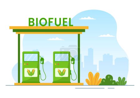 Téléchargez les illustrations : Cycle de vie des biocarburants des matières naturelles et des plantes avec barils verts ou production de biogaz Énergie dans les modèles dessinés à la main à dessin animé plat Illustration - en licence libre de droit