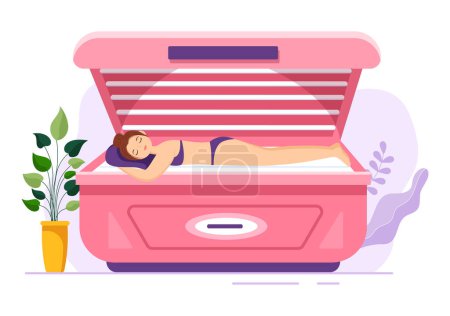 Illustration for Tanning Bed Procedure to Get Exotic Skin with Modern Technology at the Spa Salon Solarium in Flat Cartoon Hand Drawn Templates Illustration - Royalty Free Image