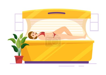 Procedimiento de cama bronceadora para obtener piel exótica con tecnología moderna en el salón de spa Solarium en dibujos animados planos Plantillas dibujadas a mano Ilustración