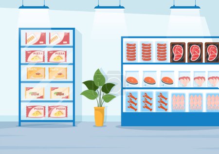 Illustration for Frozen Food Store with Products Vacuumed using Foil and Pouch Packaging to be Fresh in Hand Drawn Cartoon Template Illustration - Royalty Free Image