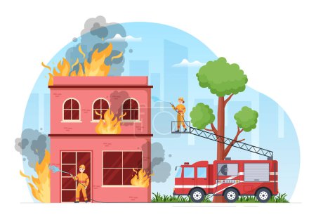 Feuerwehr mit Feuerwehrleuten löscht Haus, Wald und hilft Menschen in verschiedenen Situationen in flacher Hand gezeichnete Cartoon-Illustration