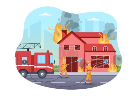 Téléchargez les illustrations : Service d'incendie avec pompiers Extinction de la maison, de la forêt et aide les personnes dans diverses situations en dessin à la main Illustration de bande dessinée - en licence libre de droit