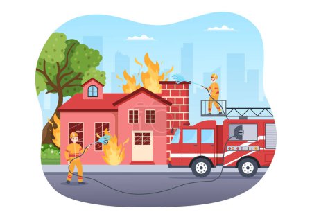 Téléchargez les illustrations : Service d'incendie avec pompiers Extinction de la maison, de la forêt et aide les personnes dans diverses situations en dessin à la main Illustration de bande dessinée - en licence libre de droit