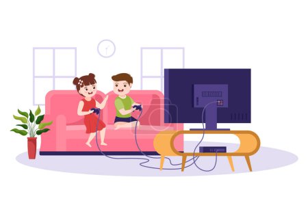 Illustration for Video Game with Kids Playing Gamepad Controllers Fighting Console on Android Mobile Computer in Flat Cartoon Hand Drawn Template Illustration - Royalty Free Image