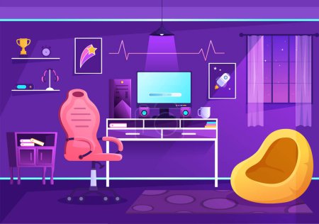Video Game Room Interior with Android Mobile Computer and Comfortable Armchairs for Gamers in Flat Cartoon Hand Drawn Template Illustration
