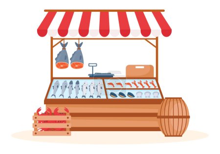Poissonnerie au marché Divers produits frais et hygiéniques Fruits de mer en dessin animé plat Modèles dessinés à la main Illustration