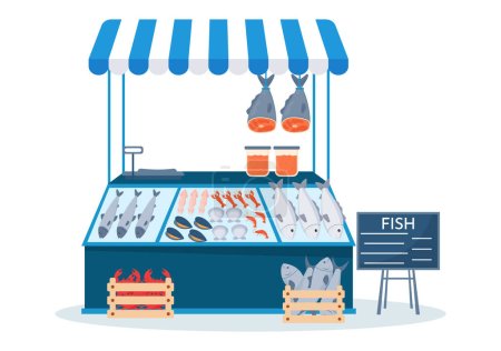 Téléchargez les illustrations : Poissonnerie au marché Divers produits frais et hygiéniques Fruits de mer en dessin animé plat Modèles dessinés à la main Illustration - en licence libre de droit
