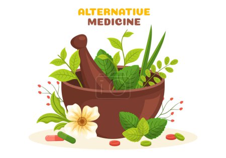 Alternative Medicine or Herbal Cure of Energy Therapies with Ginseng Root, Essential Oil and Seeds in Flat Cartoon Hand Drawn Templates Illustration