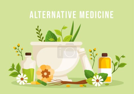 Illustration for Alternative Medicine or Herbal Cure of Energy Therapies with Ginseng Root, Essential Oil and Seeds in Flat Cartoon Hand Drawn Templates Illustration - Royalty Free Image