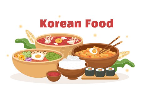 Ensemble de mets coréens Menu de divers plats traditionnels ou nationaux délicieux dans des modèles dessinés à la main dessin animé plat Illustration