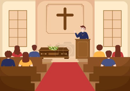 Pastor hält eine Predigt in Soutane in einer katholischen Kirche von der Kanzel und der Taufe in flachen, handgezeichneten Karikaturen Illustration