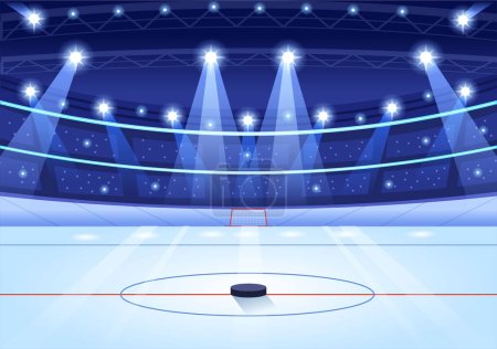 Téléchargez les illustrations : Sport de joueur de hockey sur glace avec casque, bâton, rondelle et patins en surface de glace pour le jeu ou le championnat dans des modèles dessinés à la main de dessin animé plat Illustration - en licence libre de droit