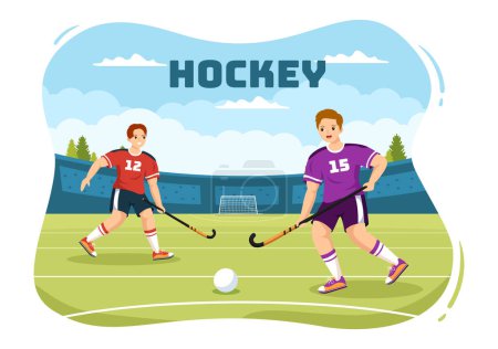 Hockeyspieler Sport mit Helm, Stock, Puck und Schlittschuhen auf dem grünen Feld für Spiel oder Meisterschaft in flachen Cartoon handgezeichneten Vorlagen Illustration