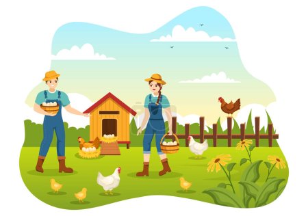 Agricultura avícola con granjero, jaula, pollo y huevo Granja en campo verde Antecedentes Ver en Plantilla de dibujos animados lindo dibujado a mano Ilustración