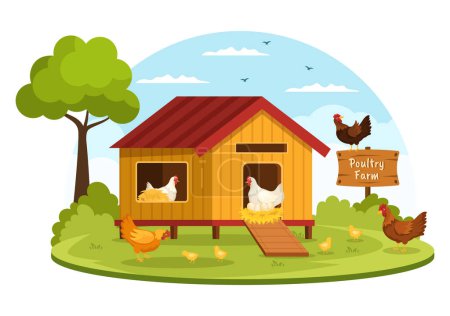 Agricultura avícola con granjero, jaula, pollo y huevo Granja en campo verde Antecedentes Ver en Plantilla de dibujos animados lindo dibujado a mano Ilustración