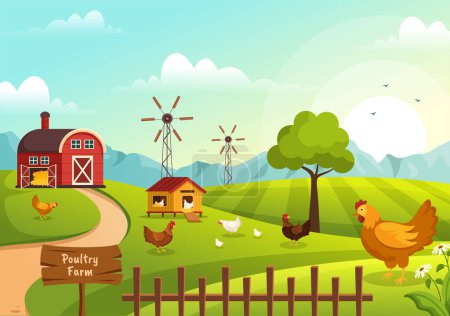 Téléchargez les illustrations : Ferme avicole avec agriculteur, cage, ferme de poulet et d'oeuf sur fond vert Vue en main dessin animé mignon Illustration - en licence libre de droit