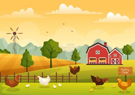 Ferme avicole avec agriculteur, cage, ferme de poulet et d'oeuf sur fond vert Vue en main dessin animé mignon Illustration