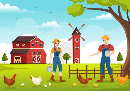 Téléchargez les illustrations : Ferme avicole avec agriculteur, cage, ferme de poulet et d'oeuf sur fond vert Vue en main dessin animé mignon Illustration - en licence libre de droit
