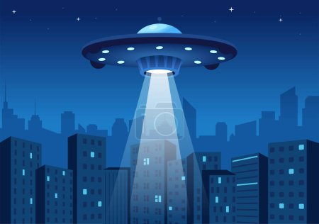 UFO Flying Spaceship with Rays of Light in Sky Night City View and Alien in Flat Cartoon Hand Drawn Templates Illustration