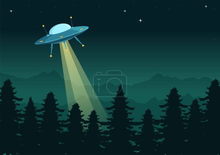 Nave espacial de vuelo OVNI con rayos de luz en Sky Night City View y extraterrestre en dibujos animados planos Plantillas dibujadas a mano Ilustración