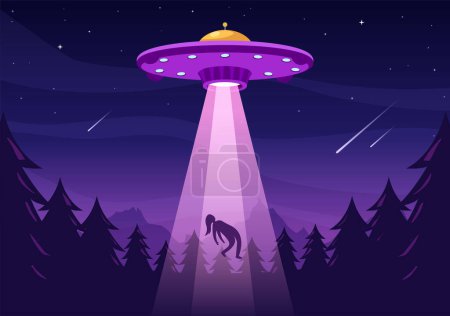 Ilustración de Nave espacial UFO volando con platillo volador sobre la ciudad Cielo secuestra humanos o animales en dibujos animados planos Plantillas dibujadas a mano Ilustración - Imagen libre de derechos
