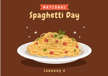 Journée nationale des spaghettis le 4 janvier avec une assiette de nouilles italiennes ou de pâtes différentes dans un dessin animé plat Illustration du modèle dessiné à la main
