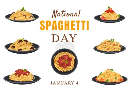 Téléchargez les illustrations : Journée nationale des spaghettis le 4 janvier avec une assiette de nouilles italiennes ou de pâtes différentes dans un dessin animé plat Illustration du modèle dessiné à la main - en licence libre de droit