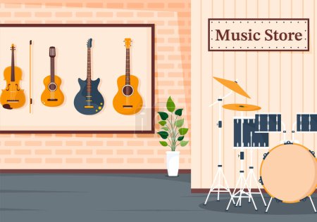 Illustration for Music Store with Various Musical Instruments, CD, Cassette Tapes and Audio Recordings in Flat Style Cartoon Hand Drawn Template Illustration - Royalty Free Image