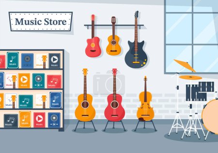 Music Store with Various Musical Instruments, CD, Cassette Tapes and Audio Recordings in Flat Style Cartoon Hand Drawn Template Illustration