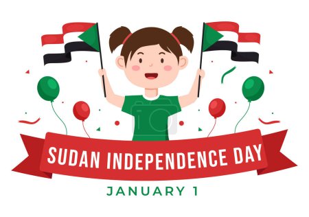 Ilustración de Día de la Independencia de Sudán el 1 de enero con niños pequeños con bandera sudanesa en fondo plano de dibujos animados Plantilla dibujada a mano Ilustración - Imagen libre de derechos