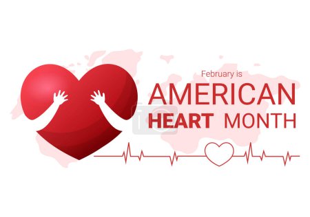 Téléchargez les illustrations : Février est le Mois du cœur américain avec un pouls pour la santé et surmonter les maladies cardiovasculaires dans le dessin animé plat Illustration du modèle dessiné à la main - en licence libre de droit