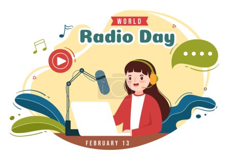 Ilustración de Día Mundial de la Radio el 13 de febrero de Idea para Plantilla de Landing Page, Banner y Póster de Estilo Plano Dibujado a Mano Ilustración de fondo de dibujos animados - Imagen libre de derechos