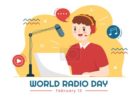 Ilustración de Día Mundial de la Radio el 13 de febrero de Idea para Plantilla de Landing Page, Banner y Póster de Estilo Plano Dibujado a Mano Ilustración de fondo de dibujos animados - Imagen libre de derechos