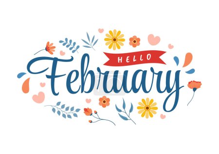 Hallo Februar Monat mit Blumen, Herzen, Blättern und niedlichen Schriftzügen zur Dekoration Hintergrund in flachen Cartoon handgezeichneten Vorlagen Illustration