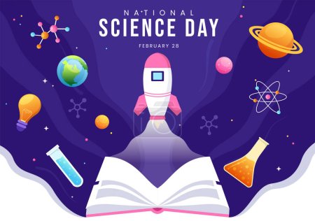 Día Nacional de la Ciencia 28 de febrero relacionado con líquidos químicos, científicos, médicos e investigación en dibujos animados planos Plantillas dibujadas a mano Ilustración