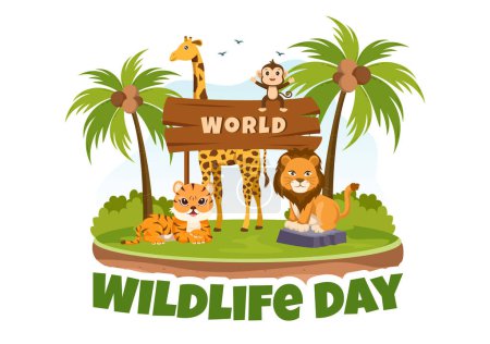 Téléchargez les illustrations : Journée mondiale de la faune le 3 mars pour sensibiliser les animaux, planter et préserver leur habitat en forêt dans un dessin animé plat Illustration du modèle dessiné à la main - en licence libre de droit