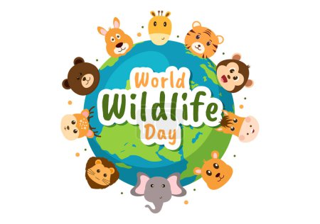 Weltwildtiertag am 3. März zur Sensibilisierung der Tiere, zur Bepflanzung und Erhaltung ihres Lebensraums im Wald in flachen, von Hand gezeichneten Zeichnungen