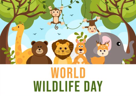Téléchargez les illustrations : Journée mondiale de la faune le 3 mars pour sensibiliser les animaux, planter et préserver leur habitat en forêt dans un dessin animé plat Illustration du modèle dessiné à la main - en licence libre de droit