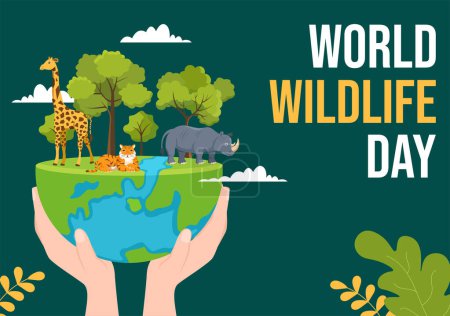 Ilustración de Día Mundial de la Vida Silvestre el 3 de marzo para aumentar la conciencia de los animales, plantar y preservar su hábitat en el bosque en dibujos animados planos Plantilla dibujada a mano Ilustración - Imagen libre de derechos