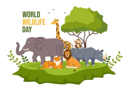 Ilustración de Día Mundial de la Vida Silvestre el 3 de marzo para aumentar la conciencia de los animales, plantar y preservar su hábitat en el bosque en dibujos animados planos Plantilla dibujada a mano Ilustración - Imagen libre de derechos
