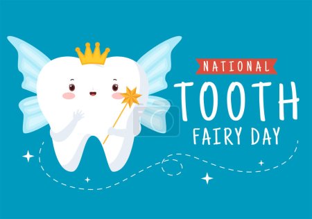 Illustration for National Tooth Fairy Day with Little Girl to Help Kids for Dental Treatment Fit as a Poster in Flat Cartoon Hand Drawn Template Illustration - Royalty Free Image
